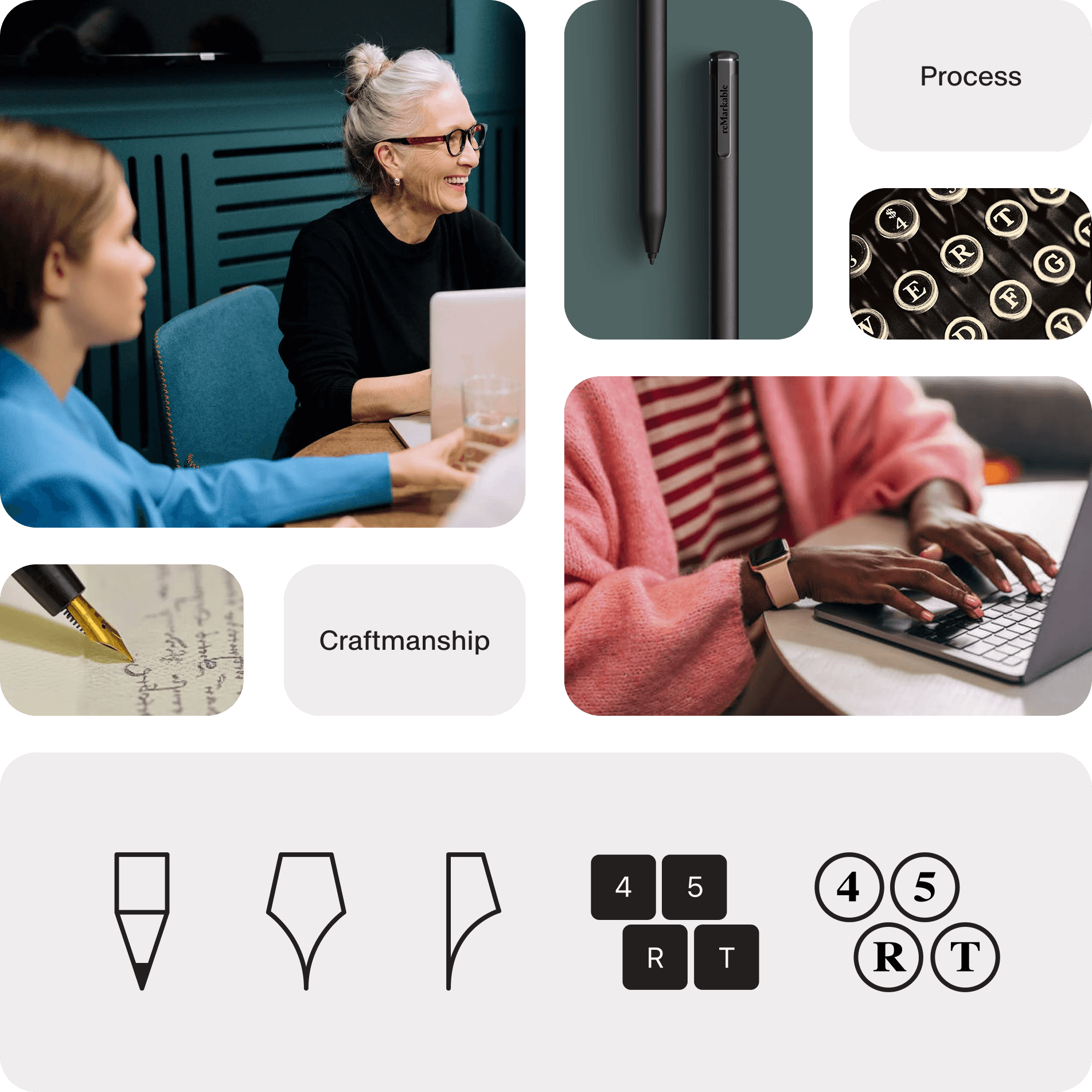 Moodboard med mennesker i arbeid, penn, skrivemaskin og eksempler på håndverk og prosess