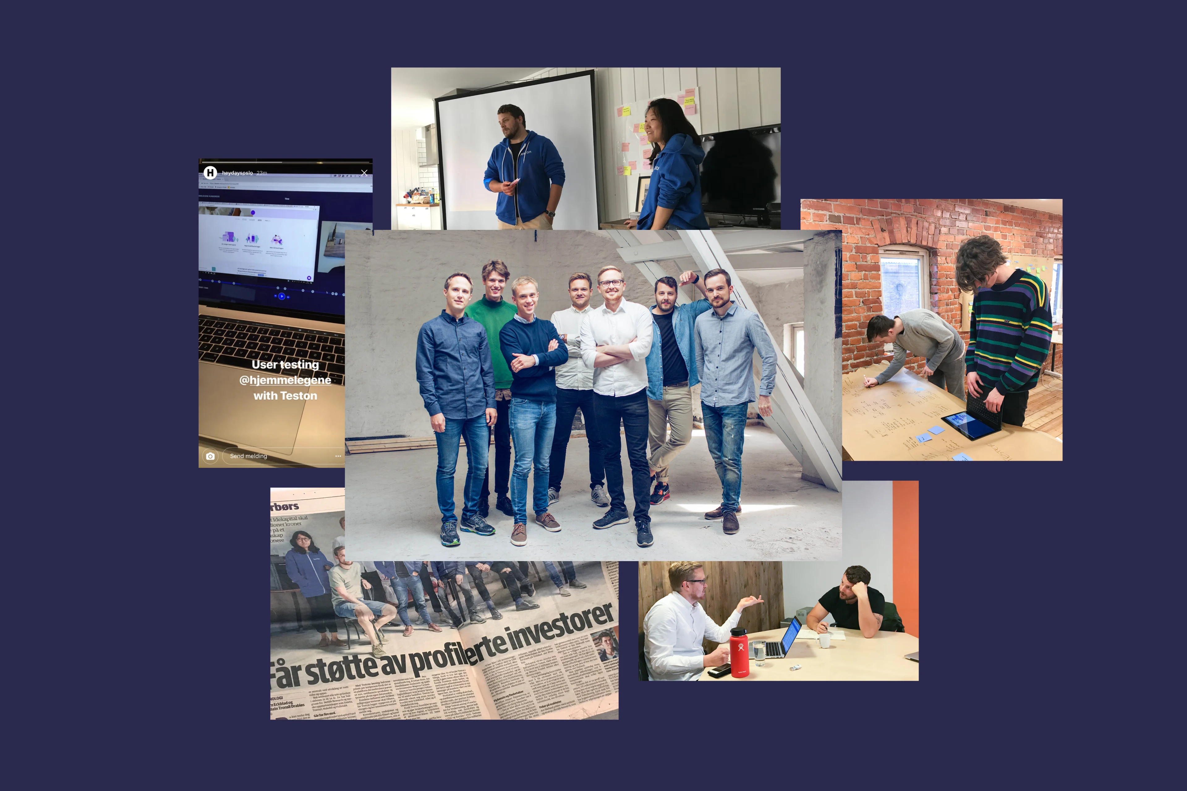 Montasje fra arbeidet med Teston, med teamet, workshops, presentasjoner og en test i bruk